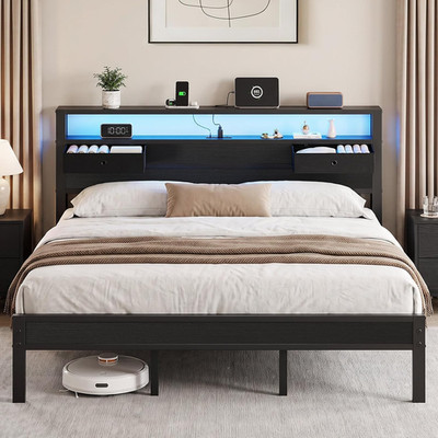 King Size Bed Frame with Storage Headboard and 2 Fabric Drawers