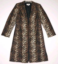 Le Suit Women's Long Blazer Size 10 Animal Print Black Gold Open Front Duster