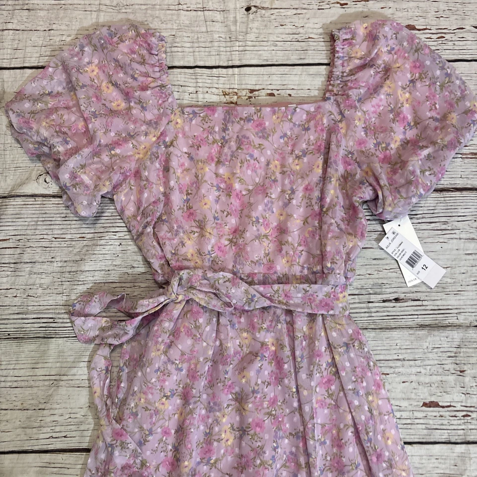 Vestido Julia Jordan Para Mujer Talla 12 Rosa Lila Floral Manga Corta Midi Corbata Frontal Foto 4 de 4