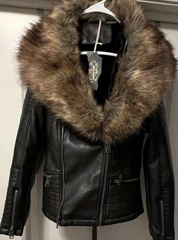 Women's BlackBellivera bikers JacketM Fur Trim Hood Belted Full Zip Lined Buckle