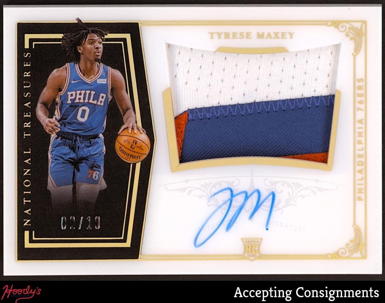 2020-21 National Treasures Crossover '10 Tyrese Maxey RPA Rookie PATCH AUTO /10