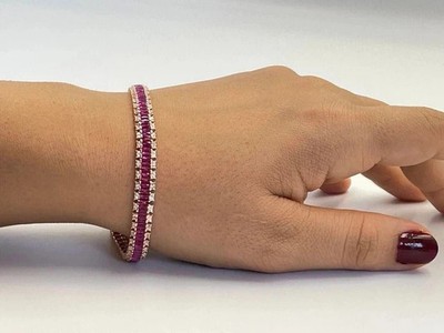 10Ct Baguette Cut Lab Created Pink Ruby Tennis Bracelet 14K Yellow Gold Plated