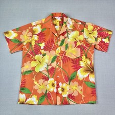 Vintage 70s Sears Hawaii Aloha Shirt Orange Hibiscus Floral LARGE/XL Tropical