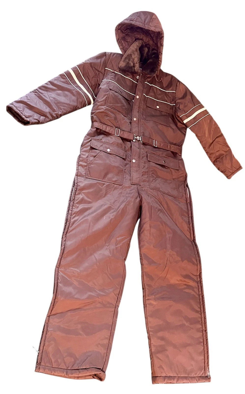 Sz 42 44 Sears Work Leisure Snowsuit Ski Overalls Brown Reflect Stripes 51-43822