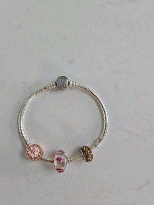 Sterling silver original Pandora bracelet 3 charms 925 ALE 1 Pandora 2 Unbranded