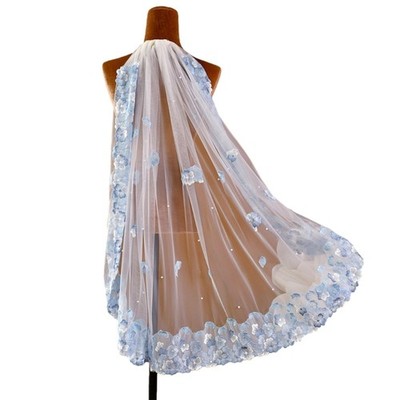Embroidery Blue Flower Tulle Wedding Veils For Bridal Event Decorative Headpiece