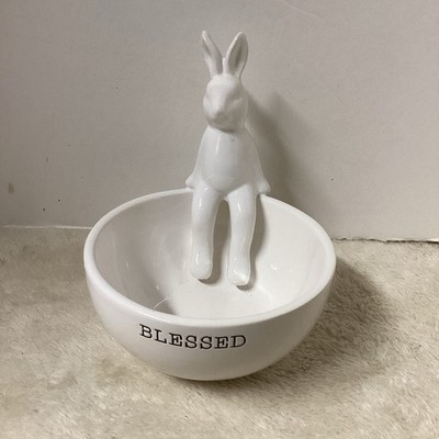 Easter Blessing Bowl White W/ Rabbit  Pristine Embossed W/ Blessed