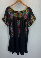 Mexican Embroidered Patio midi  Black Floral L/XL Boho Hippie Summer House Dress
