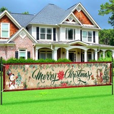 Vintage Christmas Outdoor Fence Banner Holiday Yard Decor Santa Snowman 9.8ft