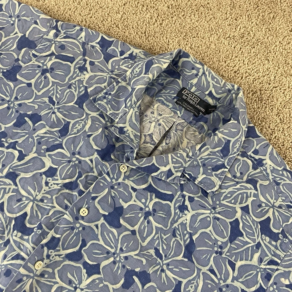 复古 Polo Ralph Lauren 衬衫男式 2XL 蓝色亚麻夏威夷露营圈领 Ws — 第 2/4 张图片