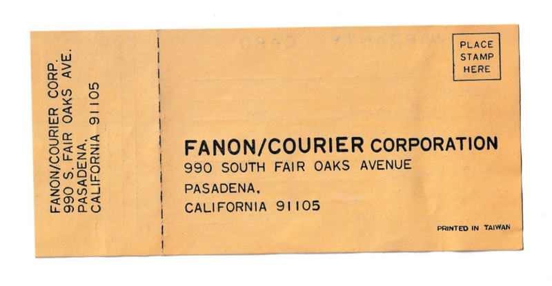 FANON COURIER CORP. Vintage Warranty Card Not filled out Pasadena Radio