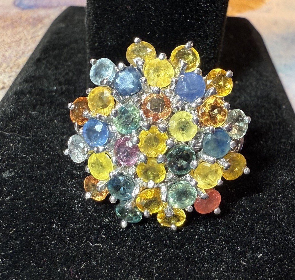 Large Ruby & Sapphire Cluster Ring Sterling Silve… - image 1