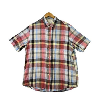 Tasso Elba Island Shirt Mens L Plaid Linen Button Up Short Sleeve Red Resorts