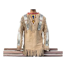 Men Native American Western Wear Suede Leather Shirt Fringes & Beads Work War