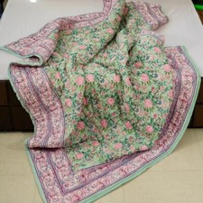 Indian Quilt Jaipuri Decor Razai Blanket Floral Printed Bedspread Reversible Art