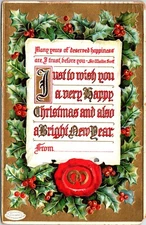 Postcard 1910 Christmas Holly Wreath Birn Brothers Embossed B194
