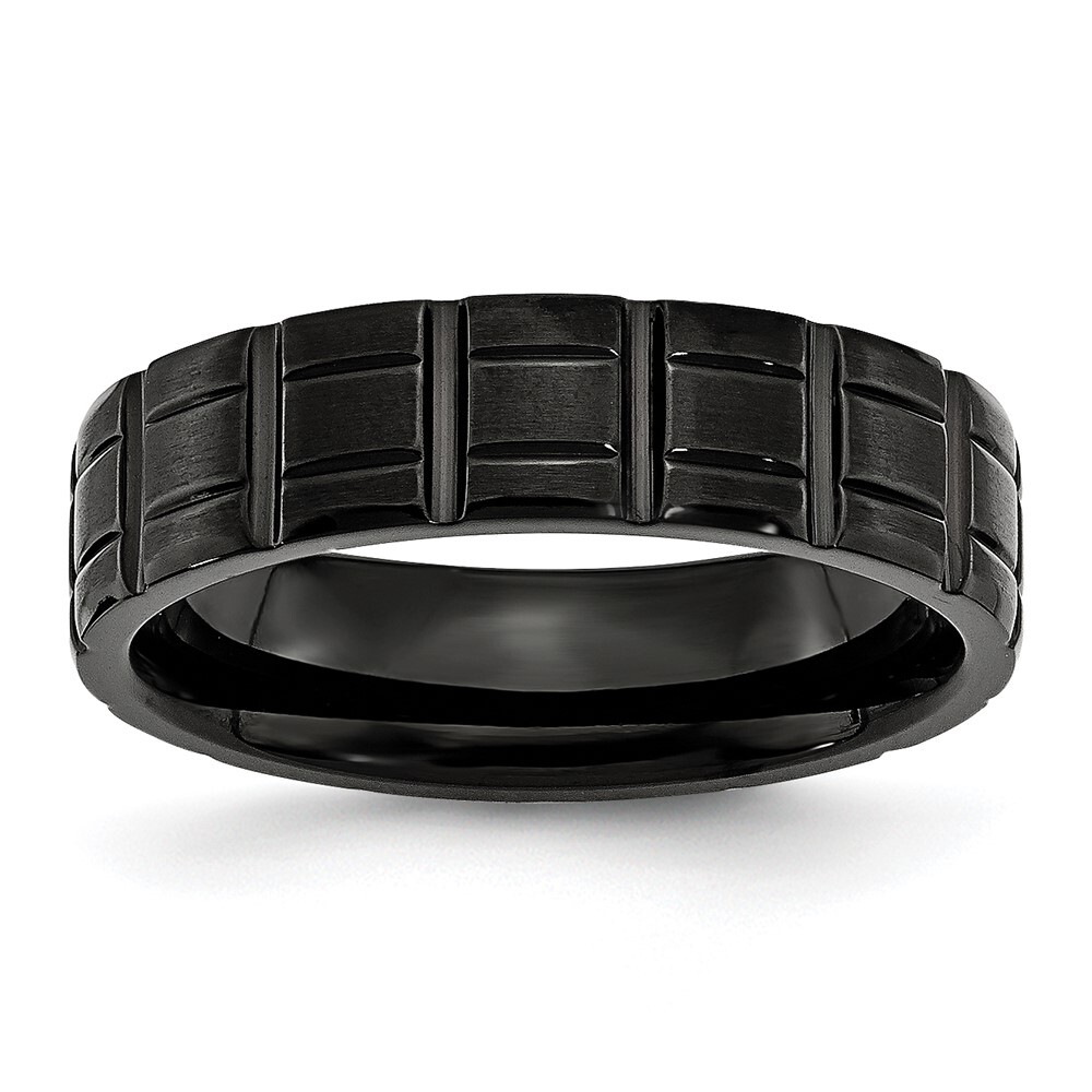Titanium Brushed and Polished Black IP-plated 6mm Notched Band Ring Size 12