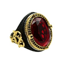 Men's Garnet Ring 925 Sterling Silver with Yellow Accent Detailing Handmade