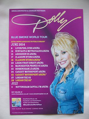 DOLLY PARTON Live ''Blue Smoke'' World Tour 2014 UK Arena Tour Promotional flyer