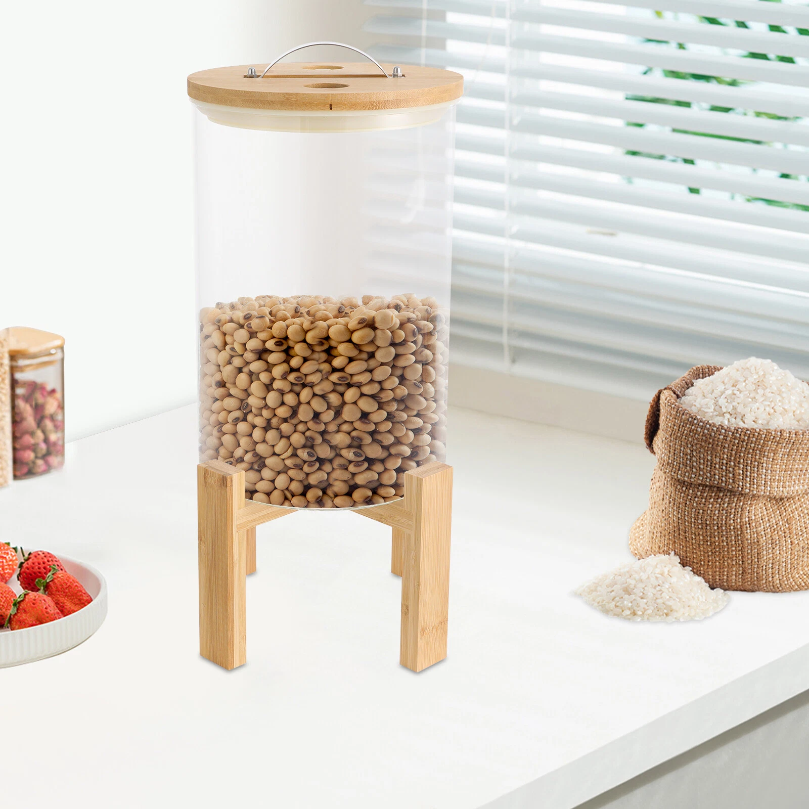 8L Rice Storage Container Glass Grain Container Rice Organizer W/Lid& Stand
