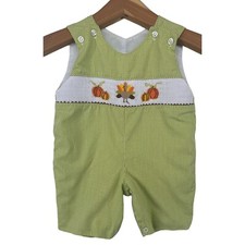 Classic Whimsy Shortall Sz 3M Green Gingham Smocked Thanksgiving Turkey Pumpkin