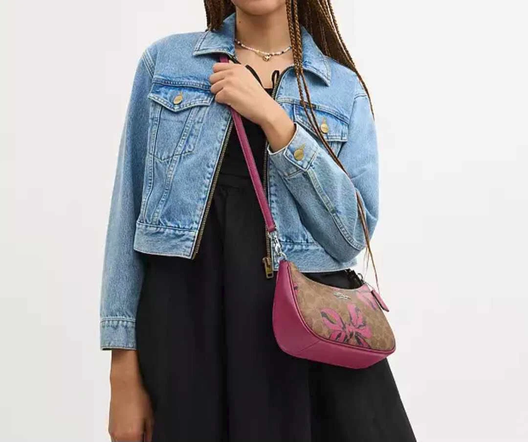 Borsa a tracolla Coach CAA70 Teri firmata tela e pelle stampa fiocco marrone rosa multi