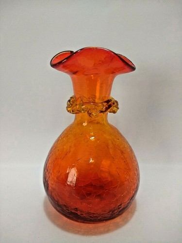 Vintage Kanawha Ruffle Top Tangerine Crackle Glass Ruffled Top Vase - Picture 2 of 6