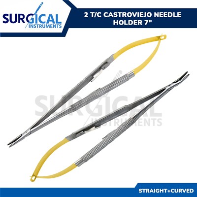 2 T/C Castroviejo Needle Holder 7'' (1 Curved & 1 Straight) Surgical German Grade