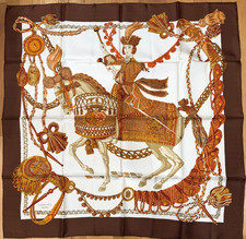 RARE VTG HERMES Le Timbalier Carre 90 silk Scarf Brown Unused Box 2200
