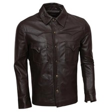 Mens Dark Brown Sheepskin Leather Western Shi...