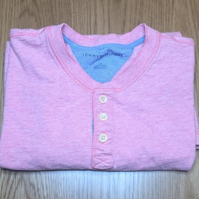 Tommy Hilfiger Men's Pink Solid Henley Short Sleeve Cotton Knit Tee L/G