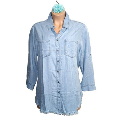 Hester & Orchard Women Shirt Top 1X Blue Denim Frayed Hem Western Cowgirl Eco