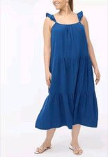 J. Crew Plus 3X Navy Blue Maxi Dress Ruffle Strap Sleeveless Cotton Gauze w Pock