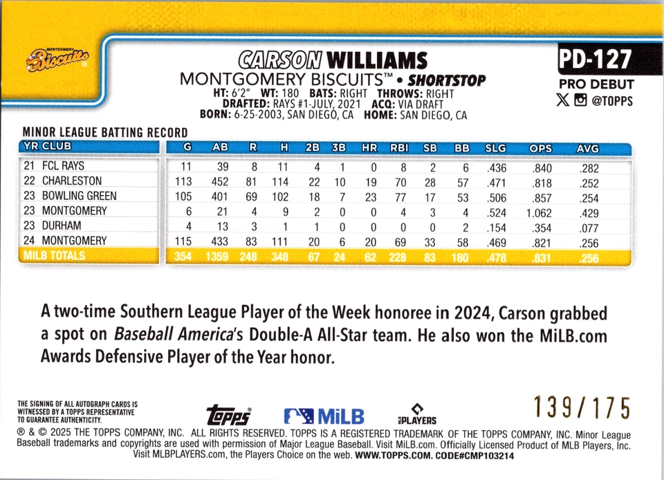 2025 Topps Pro Debut Autographs Sparkle Foil #PD127 Carson Williams /175 - Image 2 of 2