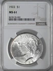 1922-P  $1 PEACE SILVER DOLLAR  "PHILADELPHIA MINT"  NGC MS61 #8678135-002