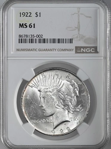 1922-P  $1 PEACE SILVER DOLLAR  "PHILADELPHIA MINT"  NGC MS61 #8678135-002