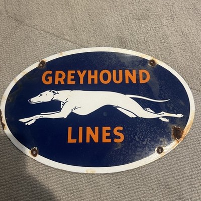 VINTAGE GREYHOUND LINES 16.5'' PORCELAIN METAL BUS STATION GASOLINE OIL SIGN! DOG