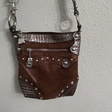 Kathy Van Zeeland Metalic Crossbody Brown Faux Snakeskin Purse W/ Rhinestones