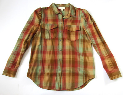 Treasure & Bond Shirt 100% Cotton Fall Rust Orange Brown Green Plaid Blouse XS