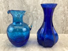 Lot of 2 - Small Blue Glass Vintage Vase's - 5" and 4" Tall -No Chips/Cracks
