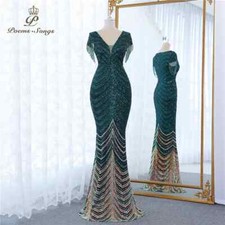 Green Short Sleeve Beaded Evening Dresses Formales Vestidos De Fiesta Robe