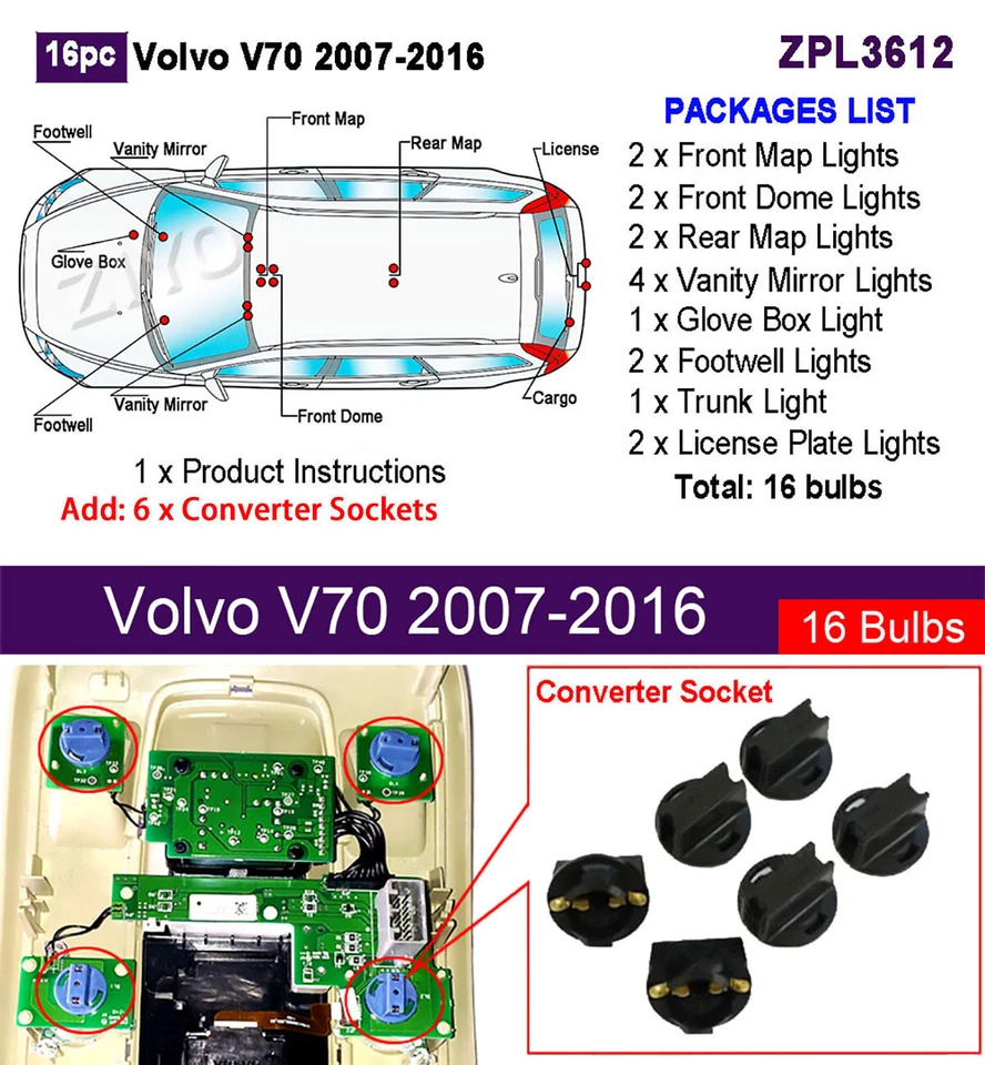 Kit de actualización de luz interior LED de 16 piezas para Volvo V70 2008-2017 Foto 2 de 4