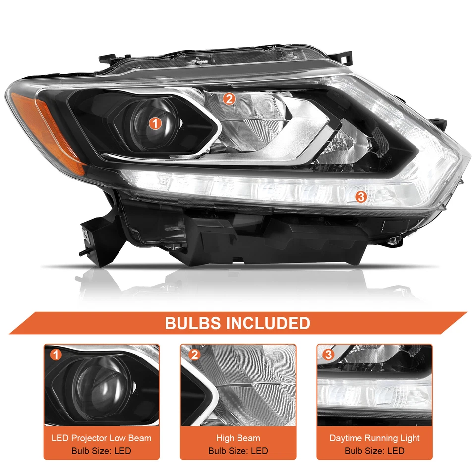 For 2014 2015 2016 Nissan Rogue Projector Headlights w/LED DRL RH Passenger Side - Изображение 3 из 4
