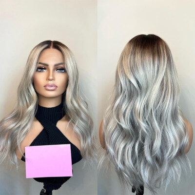 White Silver Blonde Lace Front Wig Light Blonde Lace Front Wig - Human Hair Blend Silver White  main image 3