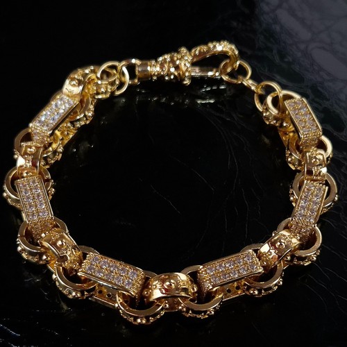 8inch Gypsy Belcher Bracelet Oval Link Simulated Diamond 18K Gold Layered - Picture 3 of 11