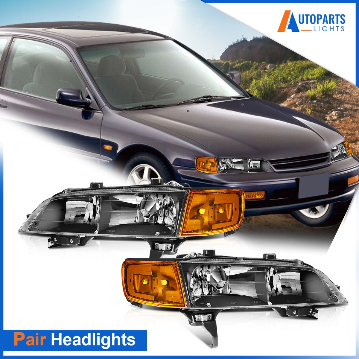 Black Headlights & Corner Signal Light Left Right Set For Honda