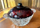 Vintage Anchor Hocking Old Cafe Clear Candy Dish With Royal Ruby Red Lid