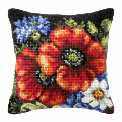 Orchidea Cross Stitch Kit: Kissen: Gro�: Wildblumen Auf Schwarzem Hintergrund