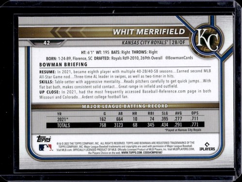 WHIT MERRIFIELD #285/299 2022 BOWMAN 42 ROYALS BASEBALL CARD - Picture 2 of 2