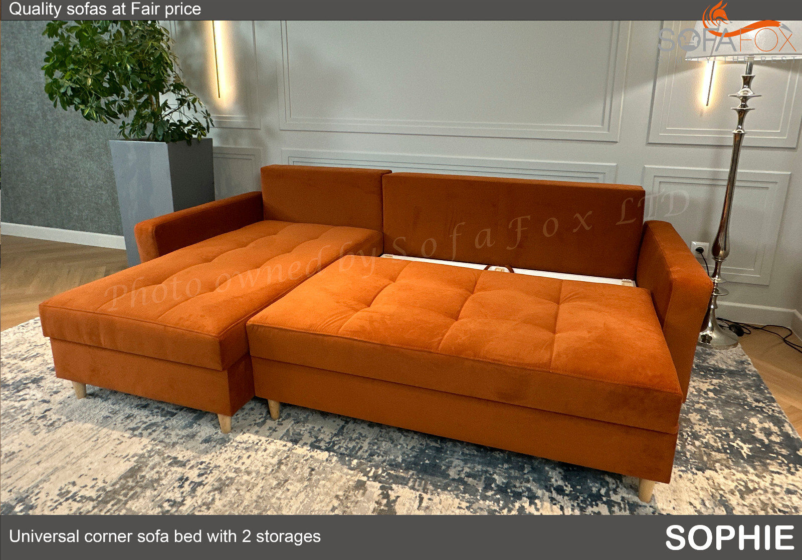 L shape, Corner Sofa Bed with 2 storages, Rusty coloured fabric, wooden leds. eBay